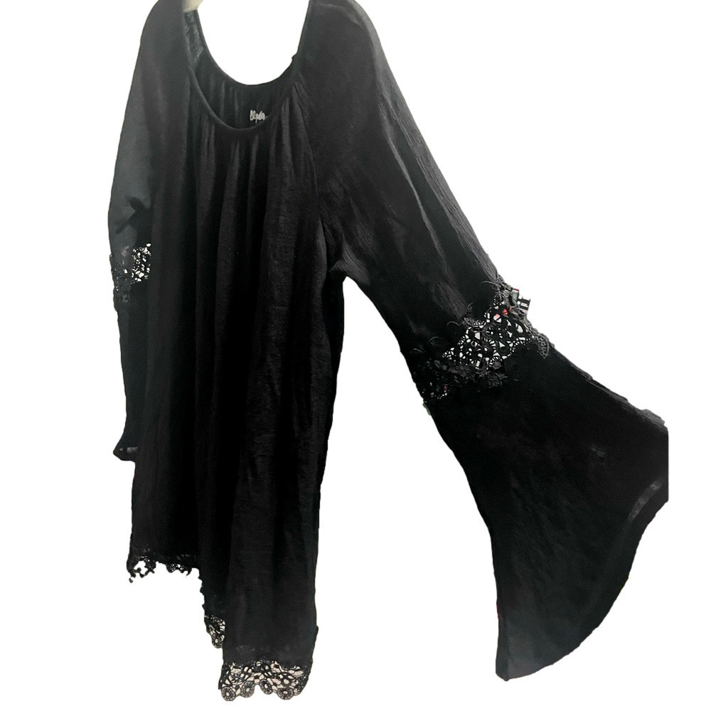 Wrangler Black Boho Mini Dress Bell Sleeve Lace Hem Small - Picture 7 of 11